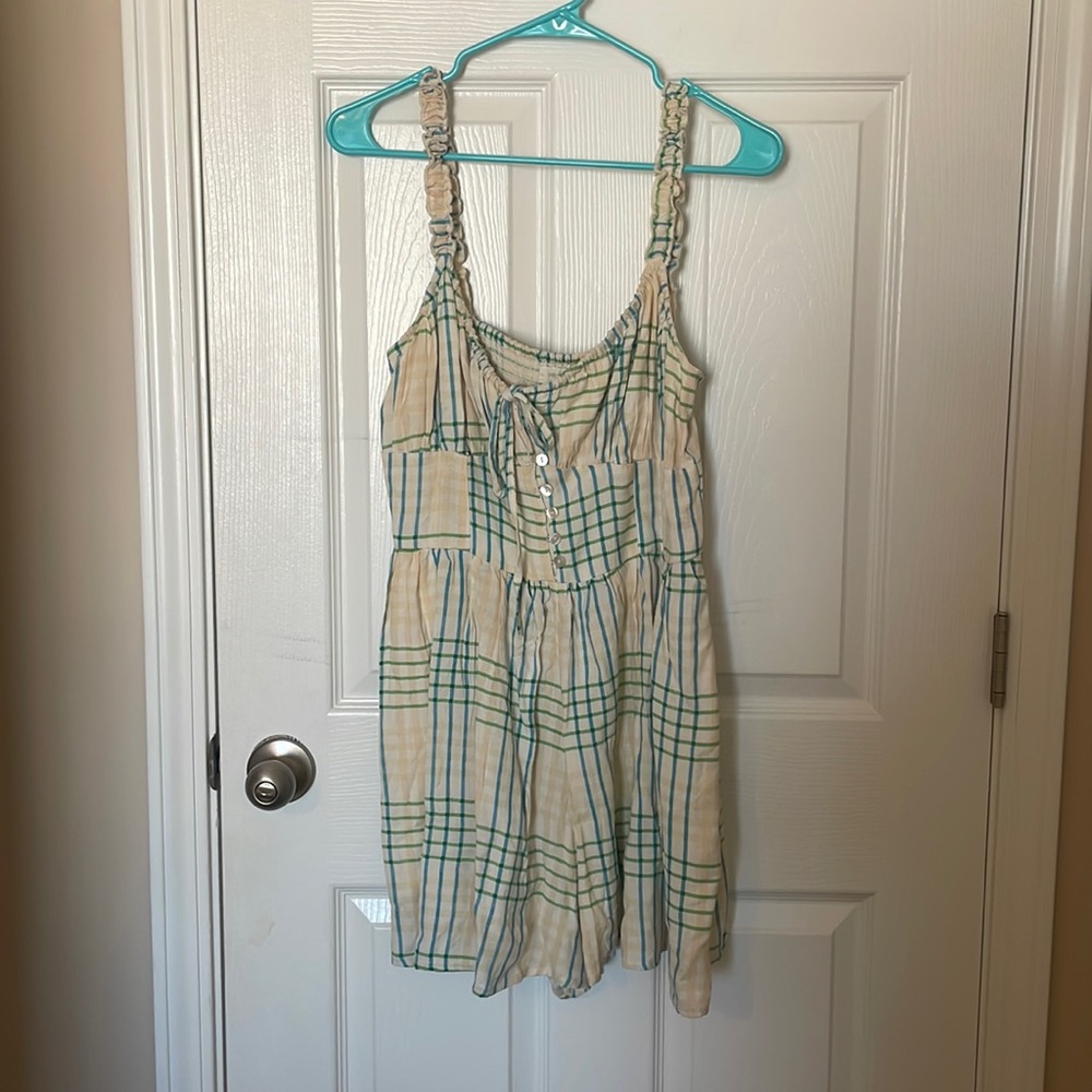 Blue, green, cream, and white plaid romper